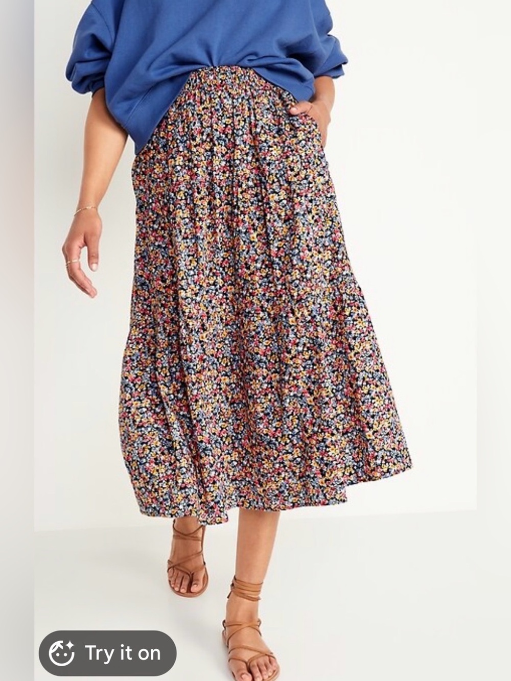 Old Navy Tiered Midi Skirt - Multicolor flower print on navy blue background